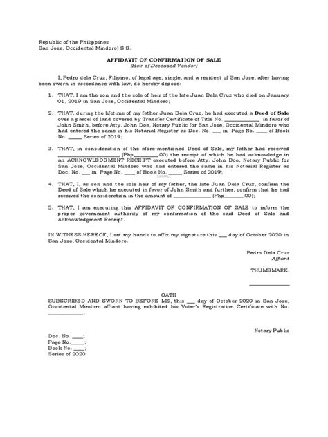 Affidavit of Confirmation of Sale .